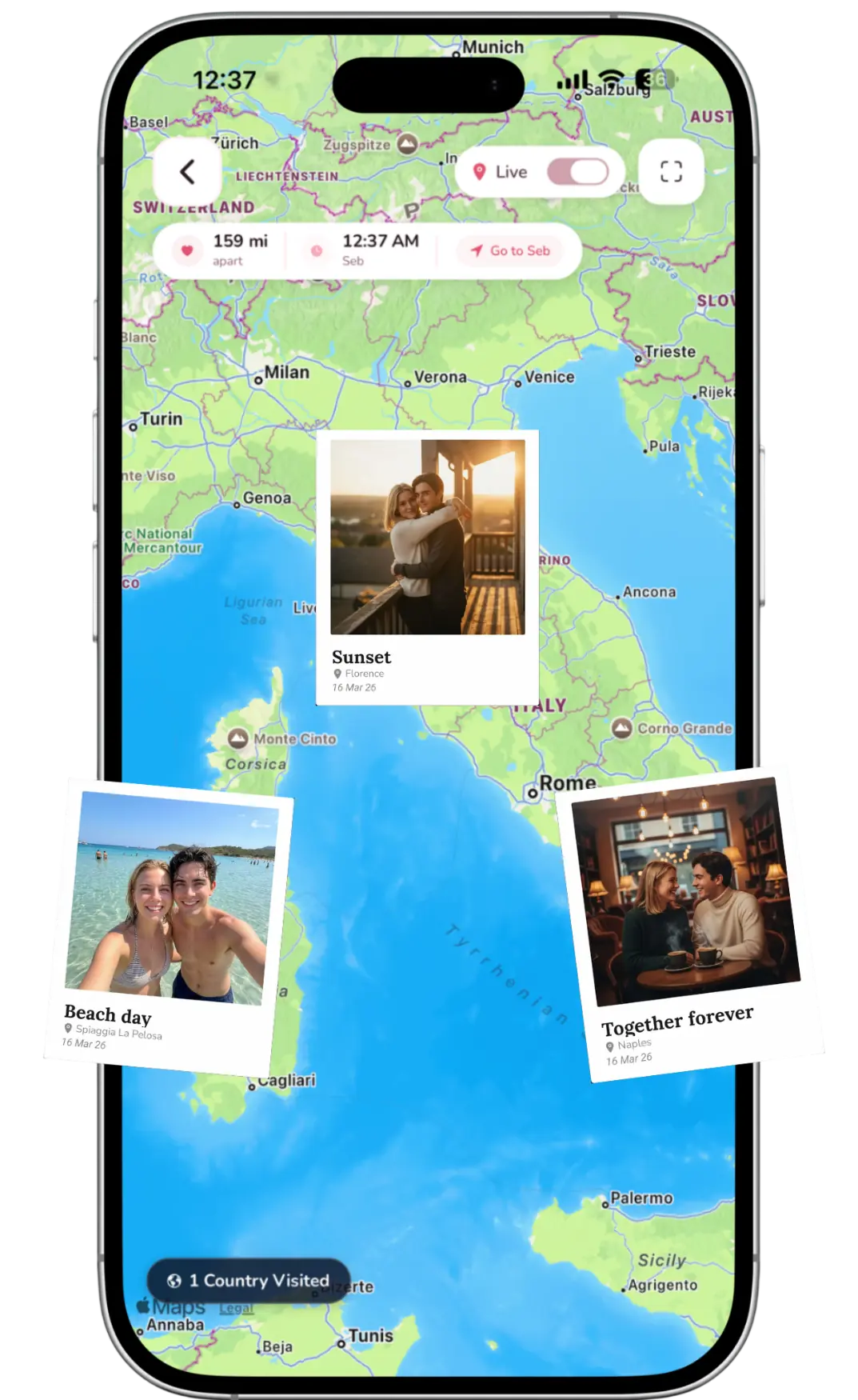 Bloom couples app interface — relationship health and shared memory wall