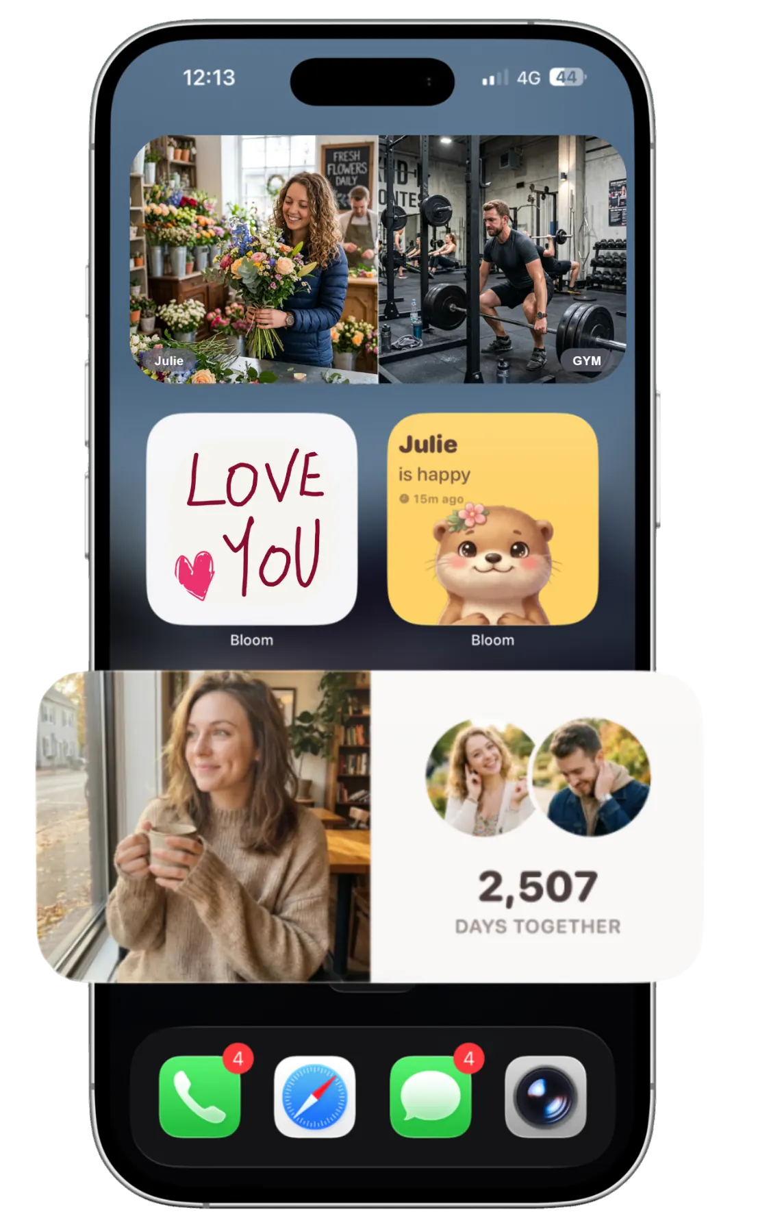 Bloom couples app interface — real-time mood sharing and interactive widgets